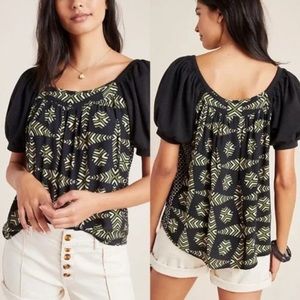 Maeve Graphic Green and Black Puff Sleeve Blouse